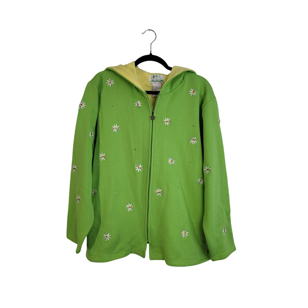 VTG Quacker Factory Daisy Hoodie Womens‎ L 14/16 Lime Green Zip Up Beaded NWT